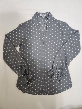 Express Women’s Grey Tailored  Polka Dot Button-Up Blouse